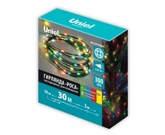 909526 - Uniel Гирлянда-нить св/д Роса 30м 300LED разноцвет, провод зелен ULD-S3000-300/DGA MULTI IP20 DEW (1)