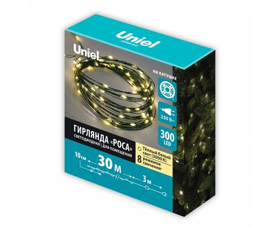 909527 - Гирлянда-нить св/д Роса 30м 300LED теплый белый, провод зеленый ULD-S3000-300/DGA IP20 DEW Uniel (1)