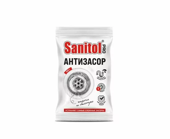 911017 - Средство для устранения засора ПОРОШОК АНТИЗАСОР 100гр SANITOL PRO, ЧС-276 (1)