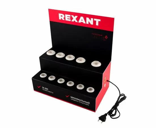 911797 - REXANT Демо-тестер акриловый д/филамента, AC 220V, шнур 1,2м, с выкл., E14(6шт)/E27(5шт) 604-802 (1)