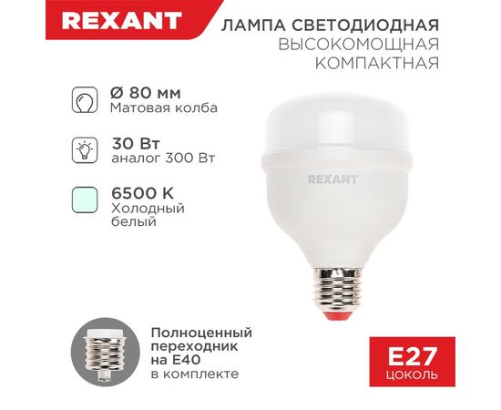 911804 - REXANT высокомощ. COMPACT 30W(2850lm) E27/E40 6500K 6K холодный свет, матов. пластик 604-153 (1)