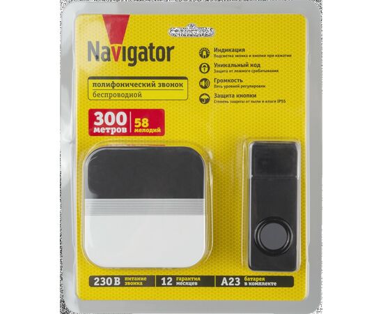 909624 - Navigator звонок беспр.300м 58мелодии с кнопкой IP55 черный 81х70х81/34х22х88 NDB-D-AC11-B-BL 95218 (1)