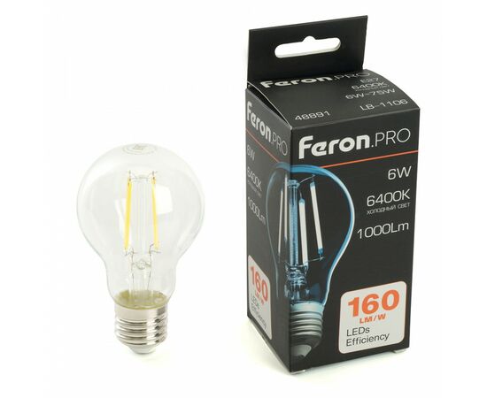 910798 - Feron.PRO филамент ЛОН A60 E27 6W 1000lm 6400K 6K 175-265V 105х60 LB-1106 48891 (1)