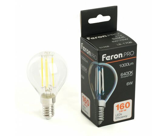 910828 - Feron.PRO филамент шар G45 Е14 6W 1000lm 6400K 6K 175-265V 78х45 LB-1706 51258 (1)