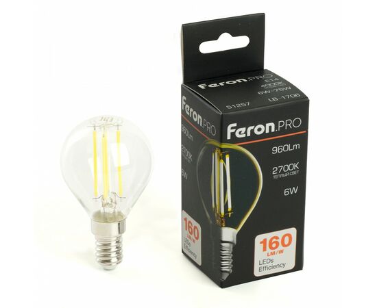 910830 - Feron.PRO филамент шар G45 Е14 6W 960lm 2700K 2K 175-265V 78х45 LB-1706 51256 (1)