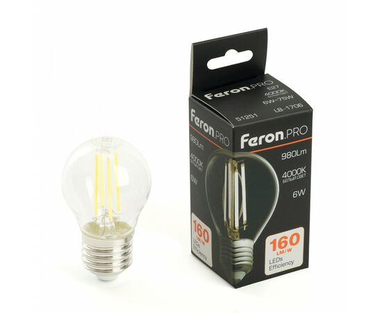 910833 - Feron.PRO филамент шар G45 Е27 6W 980lm 4000K 4K 175-265V 78х45 LB-1706 51251 (1)