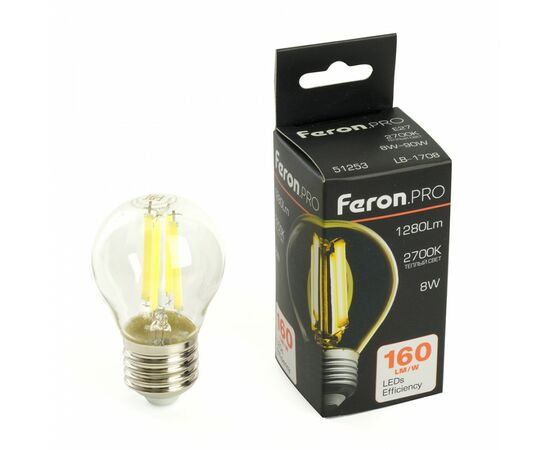 910835 - Feron.PRO филамент шар G45 Е27 8W 1280lm 2700K 2K 175-265V 78х45 LB-1708 51253 (1)