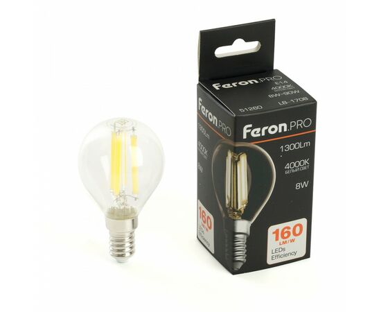 910836 - Feron.PRO филамент шар G45 Е14 8W 1300lm 4000K 4K 175-265V 78х45 LB-1708 51260 (1)