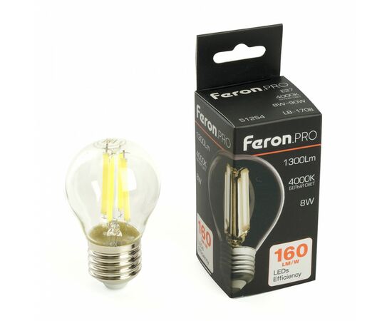 910837 - Feron.PRO филамент шар G45 Е27 8W 1300lm 4000K 4K 175-265V 78х45 LB-1708 51254 (1)