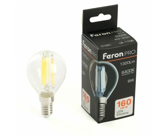 910838 - Feron.PRO филамент шар G45 Е14 8W 1320lm 6400K 6K 175-265V 78х45 LB-1708 51261 (1)