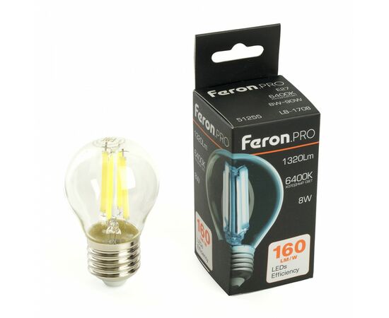 910839 - Feron.PRO филамент шар G45 Е27 8W 1320lm 6400K 6K 175-265V 78х45 LB-1708 51255 (1)