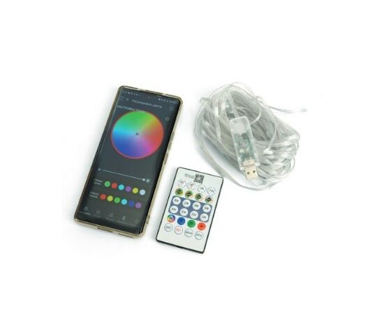 911949 - Feron Гирлянда-нить Smart 100LED RGB 10м IP20 цифр/адресн USB + Пульт ДУ прозр. шнур CL593 51463 (1)