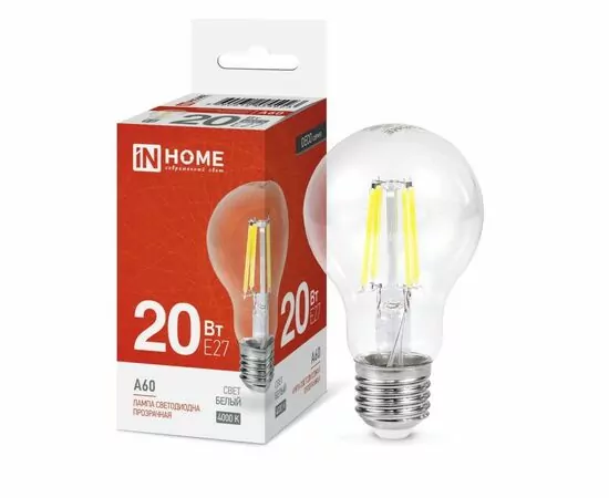 914735 - ASD/InHome лампа св/д Deco ЛОН A60 E27 20W(1890lm) 4000K 4K 105x60 филамент (нитевидная) прозр. 5923 (1)