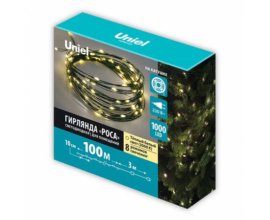 915885 - Uniel Гирлянда-нить св/д Роса 100м 1000LED тепл. белый провод зеленый ULD-S10000-1000/DGA IP20 DEW (1)