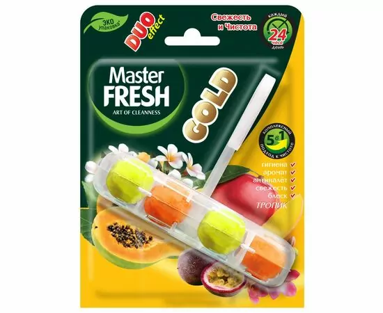 915472 - Подвесной блок для унитаза DUO EFFECT 5в1 формула GOLD ТРОПИК 1шт Master FRESH (1)