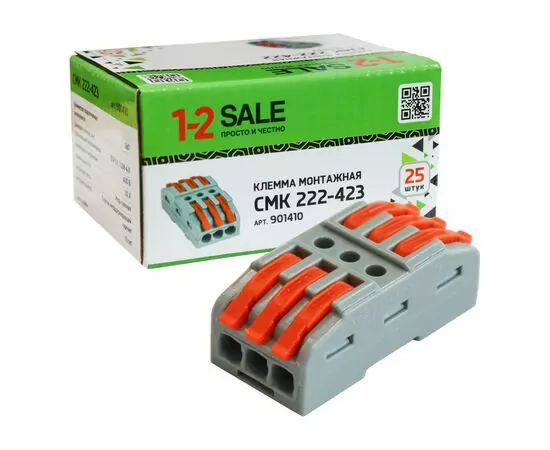 901410 - 1-2.sale клемма проходная СМК 222-423 с рычагом 3х2,5(4)мм2, 32А (уп.25шт, цена за шт) E1M 901410 (1)