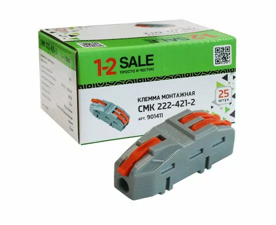 901411 - 1-2.sale клемма разветвит. СМК 222-421-2 с рычагом 1/2х4мм2, 32А (уп.25шт, цена за шт) E1M 901411 (1)
