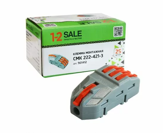 901412 - 1-2.sale клемма разветвит. СМК 222-421-3 с рычагом 1/3х4мм2, 32А (уп.25шт, цена за шт) E1M 901412 (1)