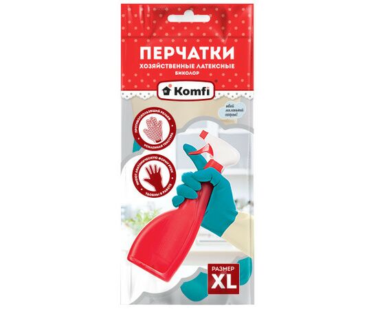 932134 - Перчатки хозяйственные латекс 56гр пара,34см,без напыл,рельеф,разм XL,БИКОЛОР/Komfi(аналог 757163) (1)