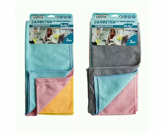 912233 - Салфетки из микрофибры 30*30см,180гр/м2,(3шт/уп),универсальные,Пастель,микс,E1M/CELLTIX (1)