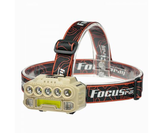 936801 - Focusray Фонарь налобный 1334 8LED акк.1.2Ah 5реж. красн.свет сенсор инд.заряда USB беж.бокс (1)