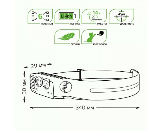 938118 - Gauss фонарь налобный 7W(330lm) Li-ion 800mAh 6 реж., до 45м, GF411 (1)