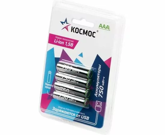 913548 - Ак-р Космос ААА/R03 Li-ion 1,5V 750mWh (~500mAh) USB-C 4BL KOCR03Li750mWh4BL (1)