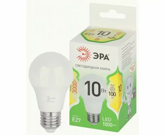 938791 - ЭРА GREEN LINE лампа св/д ЛОН E27 A60 10W(1000lm) 3000K 2K A60-10W-830-E27 GL 55x125 67118 (1)