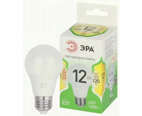 938794 - ЭРА GREEN LINE лампа св/д ЛОН E27 A60 12W(1200lm) 3000K 2K A60-12W-830-E27 GL 55x105 67110 (1)