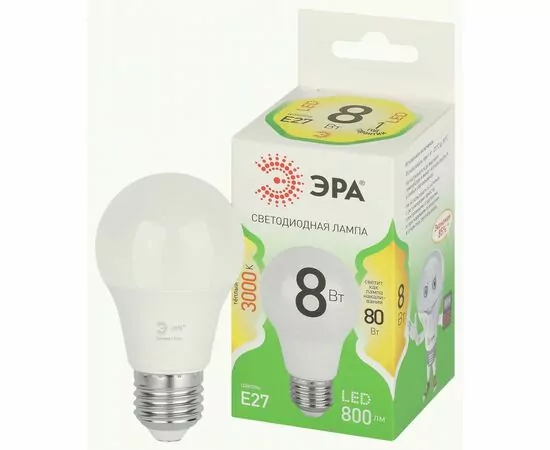 938806 - ЭРА GREEN LINE лампа св/д ЛОН E27 A60 8W(800lm) 3000K 2K A60-8W-830-E27 GL 61x140 67105 (1)