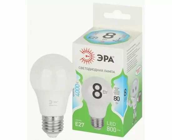 938807 - ЭРА GREEN LINE лампа св/д ЛОН E27 A60 8W(800lm) 4000K 4K A60-8W-840-E27 GL 61x140 67139 (1)