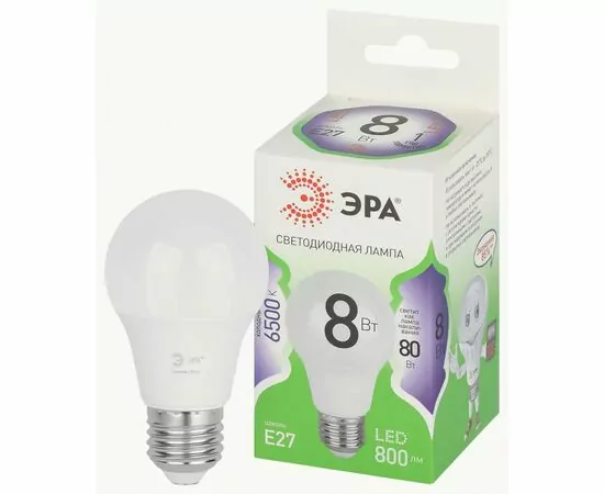 938808 - ЭРА GREEN LINE лампа св/д ЛОН E27 A60 8W(800lm) 6500K 6K A60-8W-865-E27 GL 61x140 67142 (1)