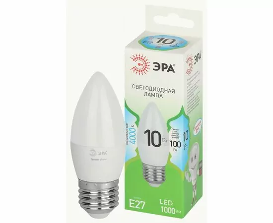938815 - ЭРА GREEN LINE лампа св/д свеча E27 B35 10W(1000lm) 4000K 4K B35-10W-840-E27 GL 38x122 67096 (1)