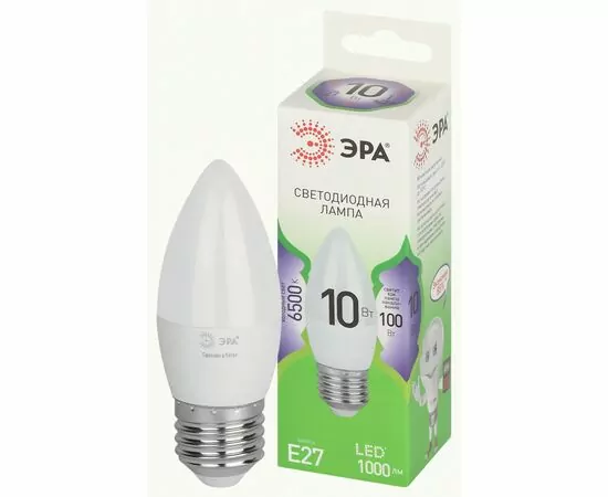 938817 - ЭРА GREEN LINE лампа св/д свеча E27 B35 10W(1000lm) 6500K 6K B35-10W-865-E27 GL 38x125 67125 (1)