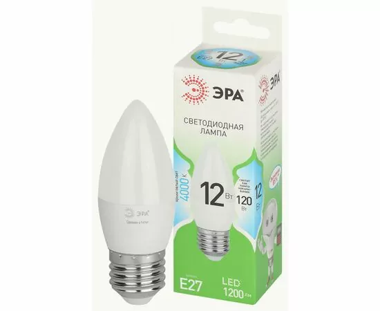 938821 - ЭРА GREEN LINE лампа св/д свеча E27 B35 12W(1200lm) 4000K 4K B35-12W-840-E27 GL 38x125 67141 (1)