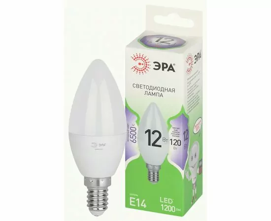938822 - ЭРА GREEN LINE лампа св/д свеча E14 B35 12W(1200lm) 6500K 6K B35-12W-865-E14 GL 38x125 67092 (1)