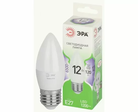 938823 - ЭРА GREEN LINE лампа св/д свеча E27 B35 12W(1200lm) 6500K 6K B35-12W-865-E27 GL 38x125 67127 (1)