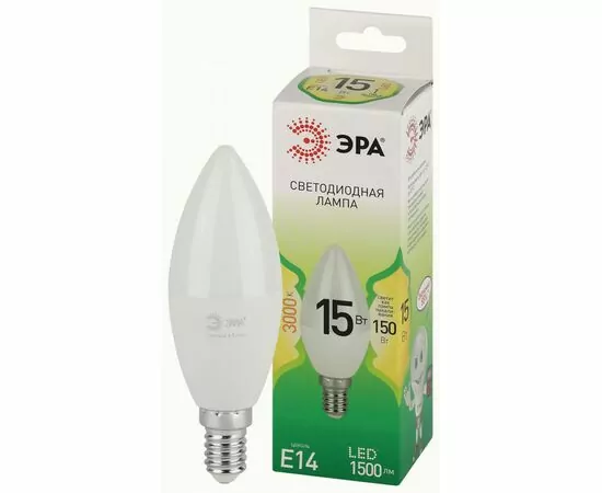 938824 - ЭРА GREEN LINE лампа св/д свеча E14 B35 15W(1500lm) 3000K 2K B35-15W-830-E14 GL 38x135 67130 (1)
