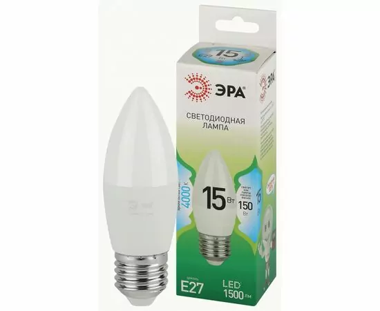 938826 - ЭРА GREEN LINE лампа св/д свеча E27 B35 15W(1500lm) 4000K 4K B35-15W-840-E27 GL 38x135 67115 (1)