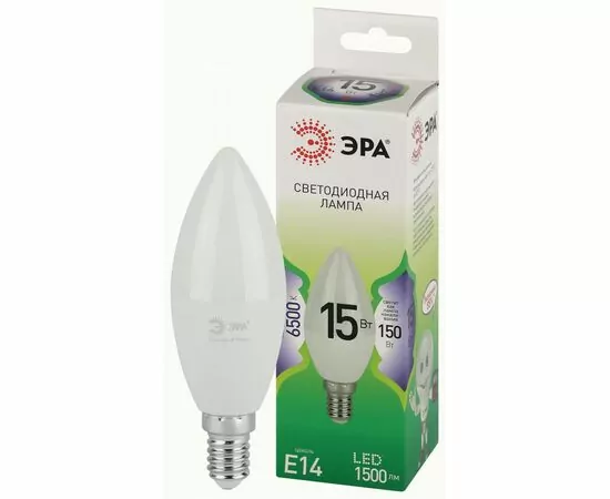 938827 - ЭРА GREEN LINE лампа св/д свеча E14 B35 15W(1500lm) 6500K 6K B35-15W-865-E14 GL 38x135 67091 (1)