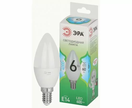938830 - ЭРА GREEN LINE лампа св/д свеча E14 B35 6W(600lm) 4000K 4K B35-6W-840-E14 GL 38x120 67109 (1)
