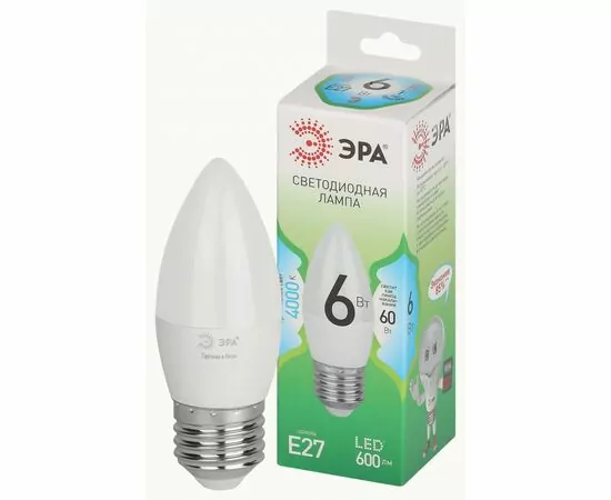 938831 - ЭРА GREEN LINE лампа св/д свеча E27 B35 6W(600lm) 4000K 4K B35-6W-840-E27 GL 38x122 67132 (1)