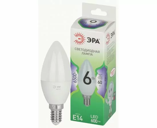 938832 - ЭРА GREEN LINE лампа св/д свеча E14 B35 6W(600lm) 6500K 6K B35-6W-865-E14 GL 38x122 67124 (1)