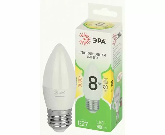 938834 - ЭРА GREEN LINE лампа св/д свеча B35 8W(800lm) 3000K 2K B35-8W-830-E27 GL 38x125 67088 (1)
