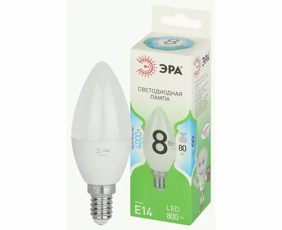 938835 - ЭРА GREEN LINE лампа св/д свеча E14 B35 8W(800lm) 4000K 4K B35-8W-840-E14 GL 38x125 67100 (1)