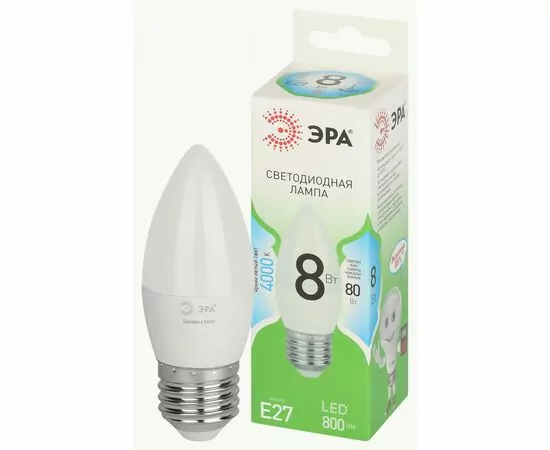 938836 - ЭРА GREEN LINE лампа св/д свеча B35 8W(800lm) 4000K 4K B35-8W-840-E27 GL 38x125 67104 (1)