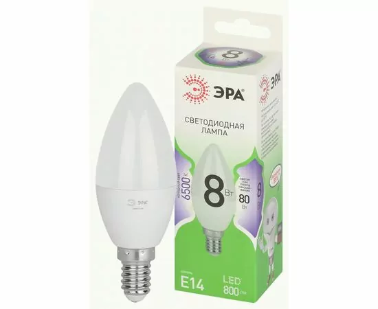 938837 - ЭРА GREEN LINE лампа св/д свеча E14 B35 8W(800lm) 6500K 6K B35-8W-865-E14 GL 38x125 67101 (1)