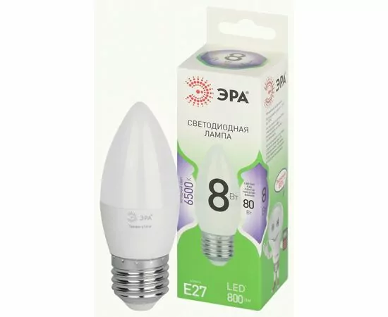 938838 - ЭРА GREEN LINE лампа св/д свеча E27 B35 8W(800lm) 6500K 6K B35-8W-865-E27 GL 38x125 67136 (1)