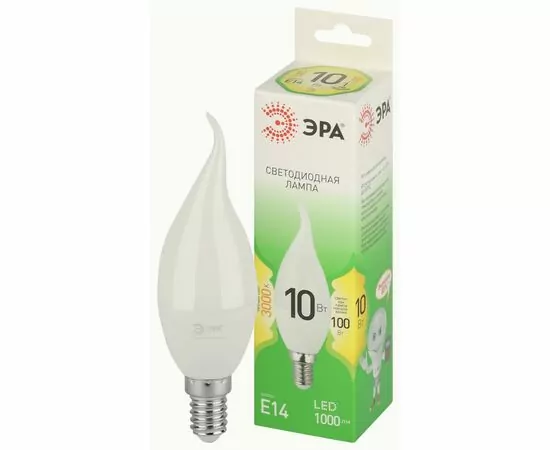 938839 - ЭРА GREEN LINE лампа св/д свеча на ветру E14 BXS 10W(1000lm) 3000K 2K BXS-10W GL 38x145 67120 (1)