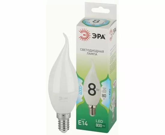 938846 - ЭРА GREEN LINE лампа св/д свеча на ветру E14 BXS 8W(800lm) 4000K 4K E14 BXS-8W GL 38x150 67114 (1)